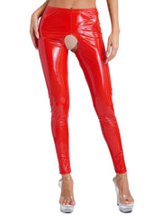 Womens Wet Look PVC Leather Open Crotch Butt Leggings High Waisted Crotchless