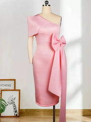 Evening wear Dresses: One Shoulder Elegant Sky Blue Midi Sheath Dresses