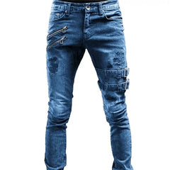Men Slim Biker Ripped Long Denim Trousers Skinny Jeans Pocket Side Straps