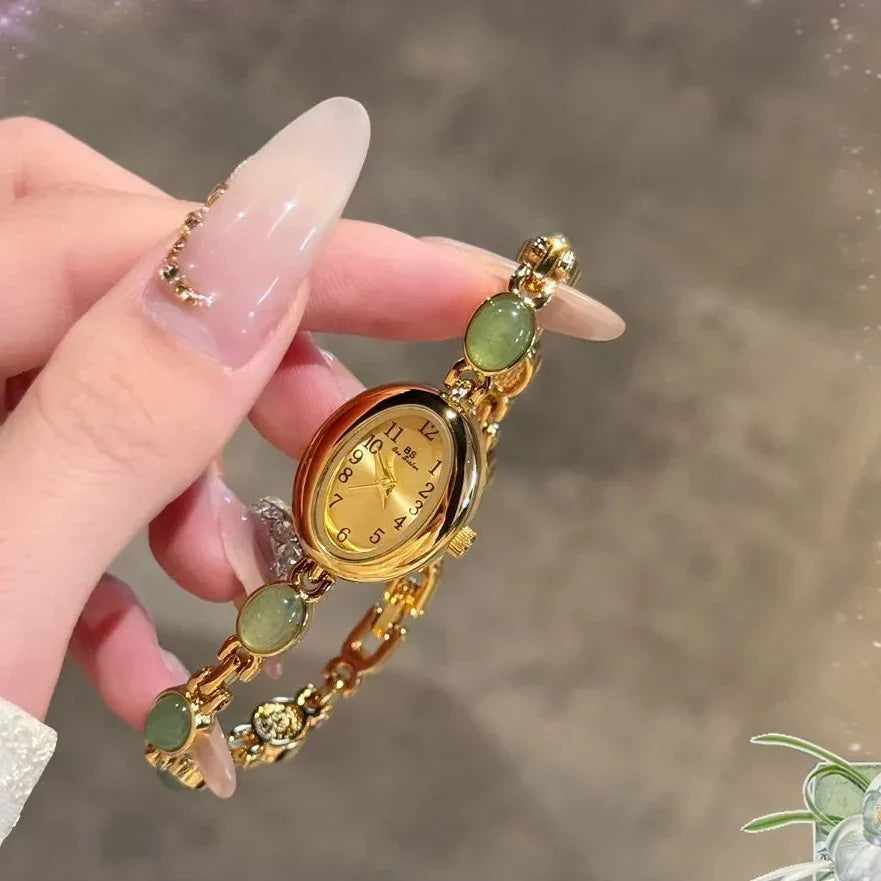 Luxury Vintage Quartz Women's Watches Fashion Natural Green Jade Bracelet Clock Numerals Small Oval Dial Watch Woman Accesories