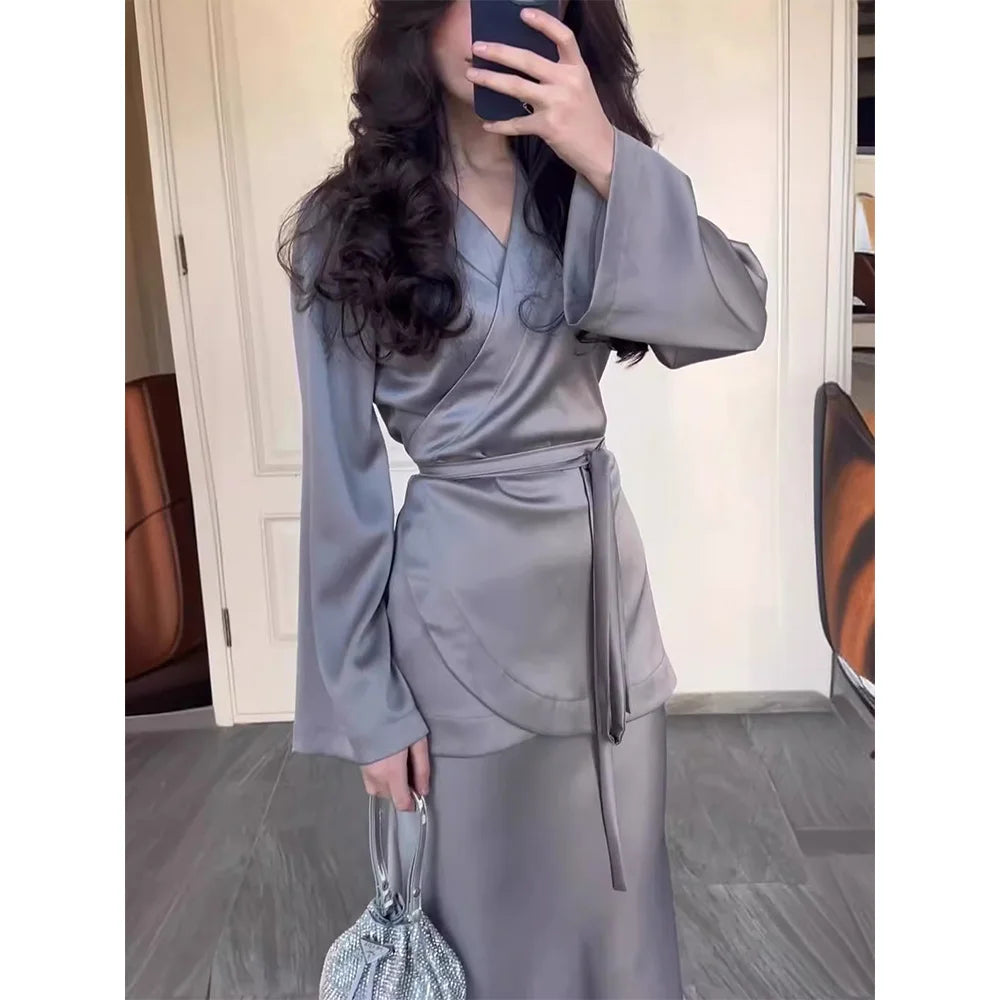 Women's V Neck Satin Dress Elegant Long Sleeve Elastic High Waist