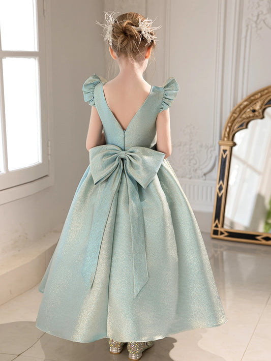 Children's High-end Blue Dress Back Big Bow Long Dress Weddings Birthday Party Gown