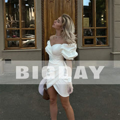 White Bridesmaid Dresses: Elegant Short Wedding Dresses Puff Sleeve Sweetheart