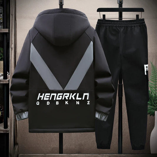 Winter Tracksuit Men Warm Sports Printed Thick Suit Mens Casual Hooded jacket+Pants Sweatsuit Male 2 Piece Sportswear