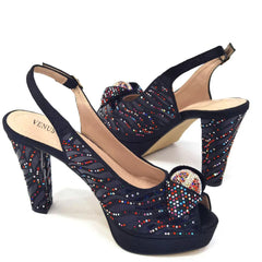 Matching Shoes and Bags: Black Rainbow Color Thin Heels Ladies Shoes Matching Bag Set