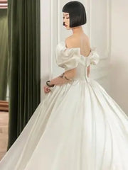 White Bridesmaid Dresses: Short Sleeve Neck Lace Up Back Satin Ball Gown