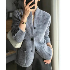 Autumn Winter Thickened 100% Cashmere Wool Cardigan Women Stand Neck