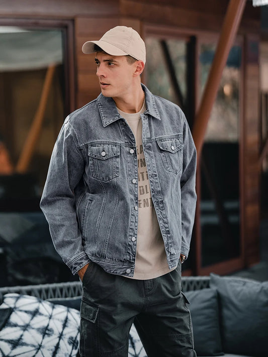 Autumn New Oversize Denim Jackets Men 12oz Washed Classical Denim Coats