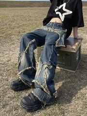 American Retro Washed Wide-Leg Star Patch Jeans Women High Street Y2K