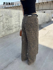 Women's Vintage Casual Leopard Print Pants Female High Street Retro High Waist Jeans