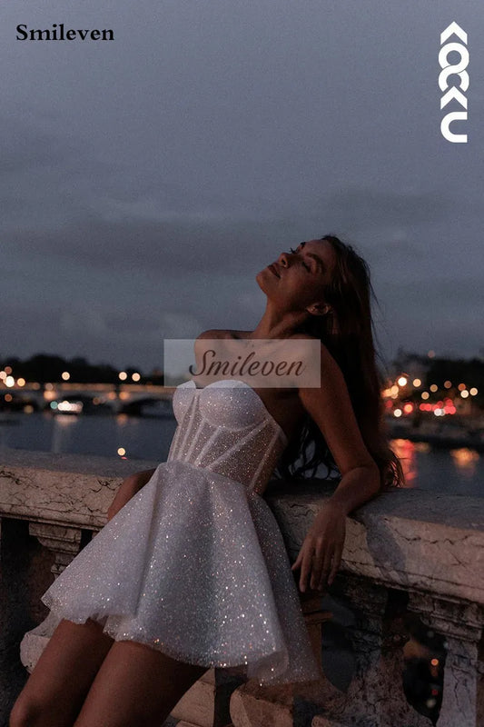 White Bridesmaid Dresses: Wedding Dress A Line Sweetheart Neck Shiny Glitter