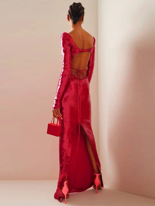 Evening Dresses: Long Sleeve Shiny Sequins Maxi Slim Dress Women Red Cut Out