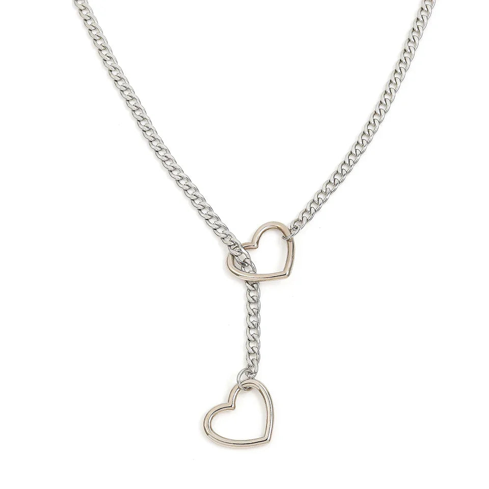 ZAKOL Adjustable Stainless Steel Cuban Link Necklace Hollow Heart Y-Shaped Necklace Punk Rock Style Party Accessories