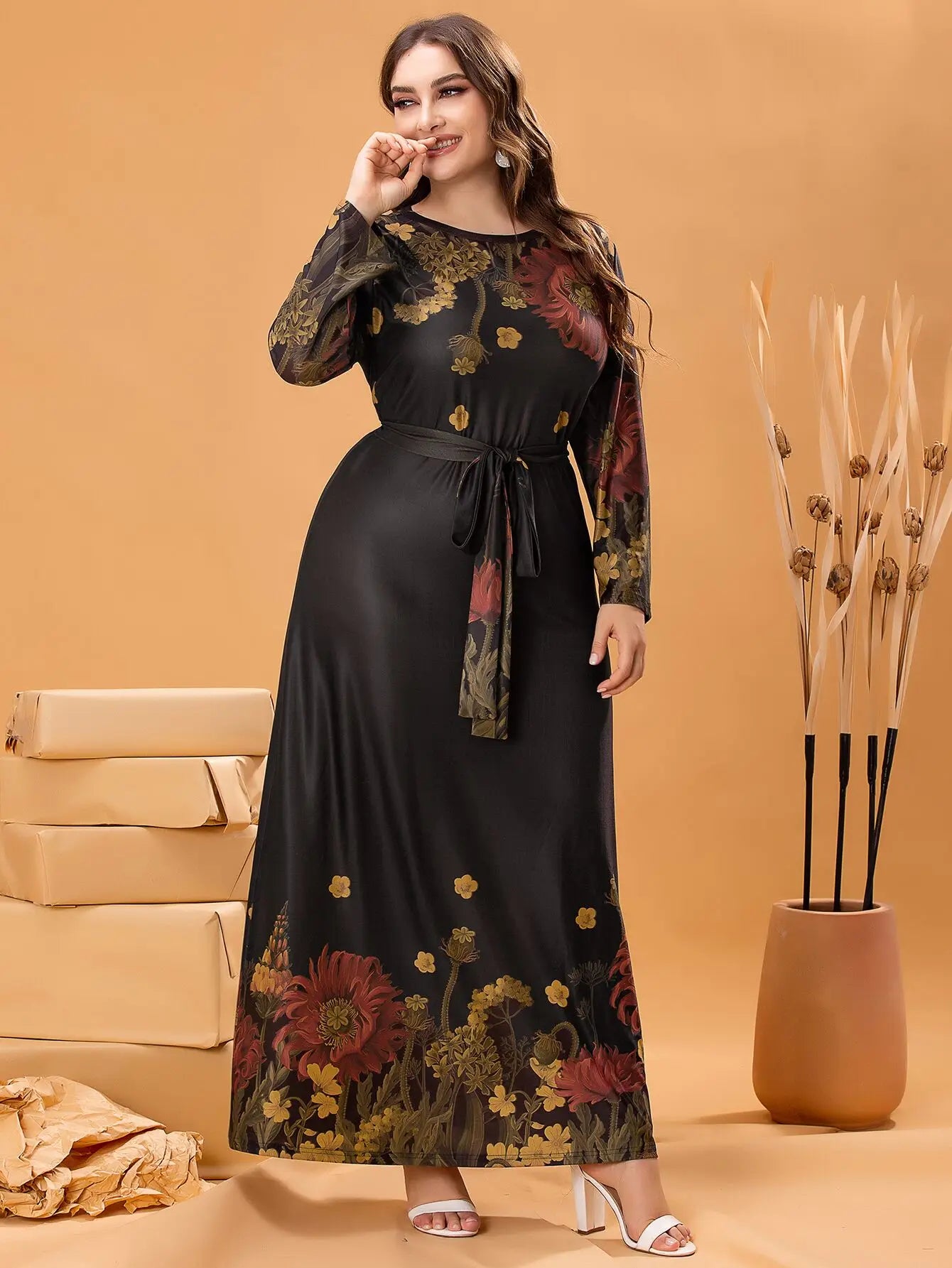 Autumn Winter Dress Long Sleeve 2023 Woman Floral Print Casual Long Dress Black