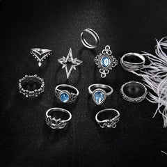 Geometry Retro Rings for Women Boho Inlaid Zircon Carved Starry 11/Pcs Rings
