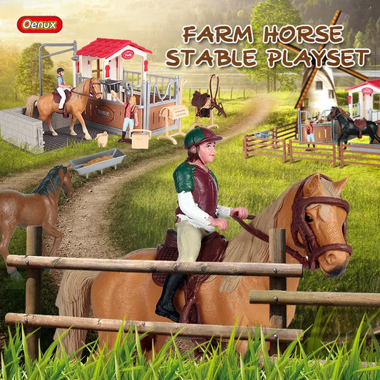 Oenux Farm Stable House Model Action Figures Emulational Horseman Horse Animals Playset Figurine Cute Educational Kids Toy Gift