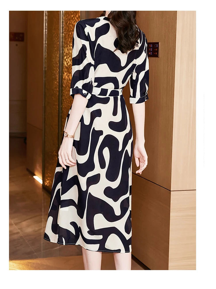 Plus Size Dress Printed Lace Up Frock O-collar Mid Length Skirt Summer Autumn