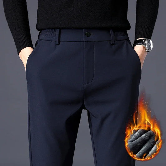 Autumn Winter Pants Men Thicken Fleece Lined Warm Elastic Waist Outdoor Sweatpants