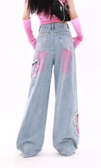 Blue Womens Jeans Butterfly High Waist Straight Baggy Denim Pants American