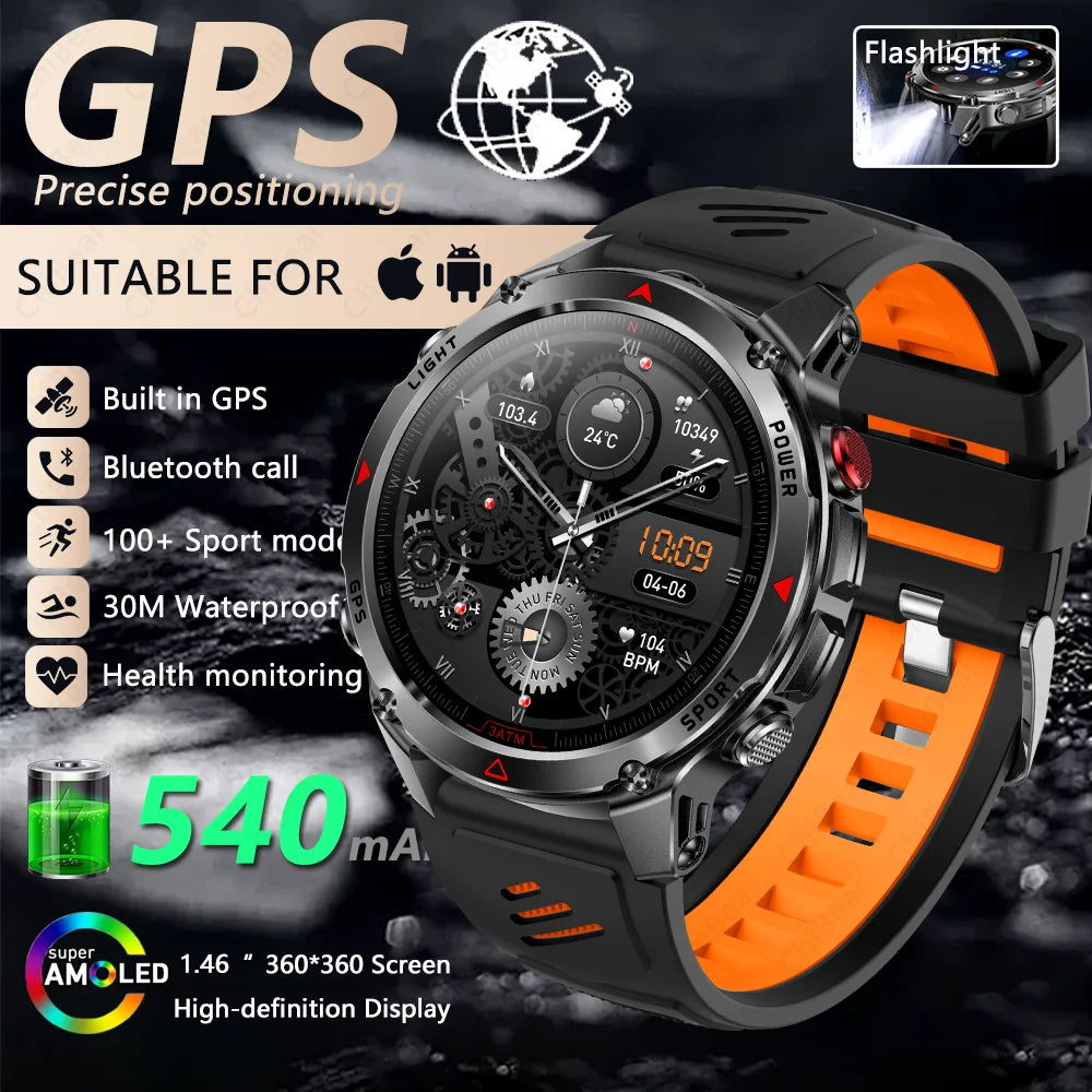 Outdoor Military Smart Watch Men Built-in GPS 1.46" AMOLED Compass