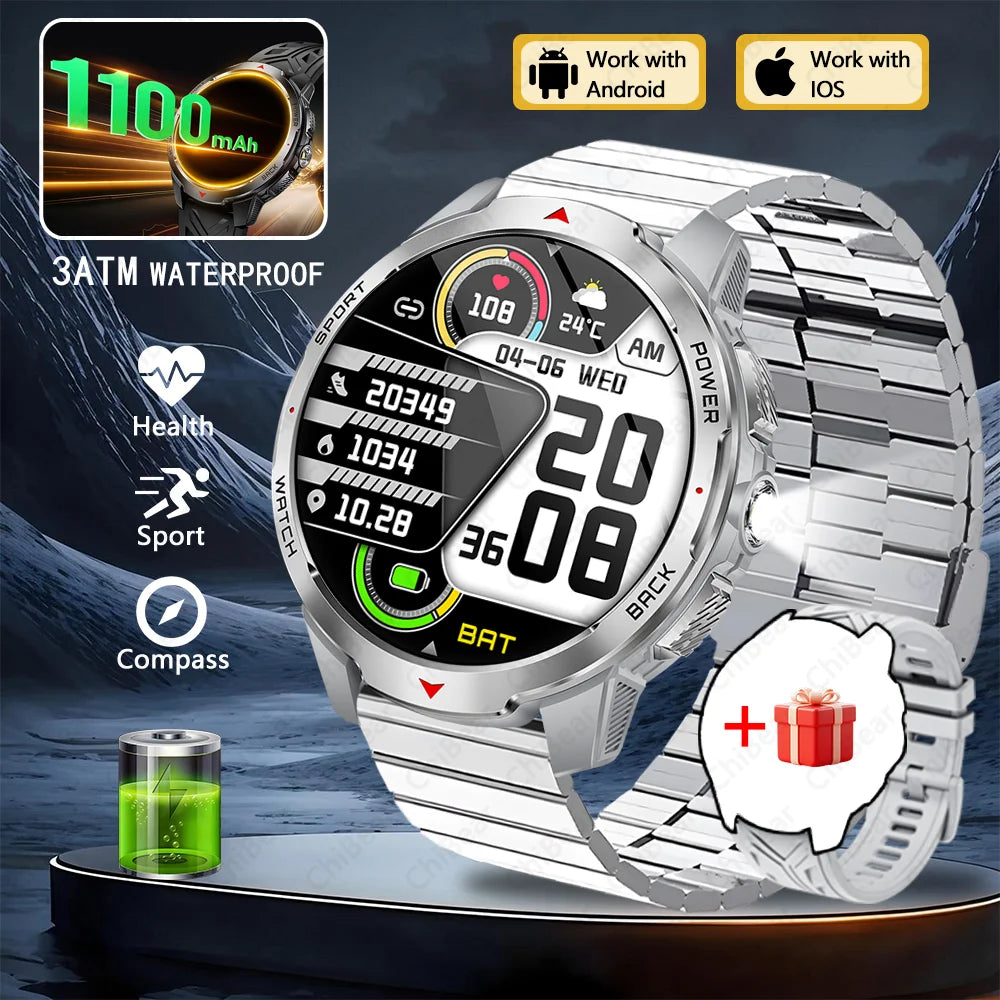 1100mAh Military Outdoor Smart Watch Men 1.7-inch Large Display Compass Sports Watch IP68 Waterproof Bluetooth Call Smartwatch