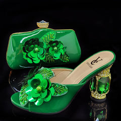 Matching Shoes and Bags: Green Color Pointed Wine Glass Heel Design Ladies Shoes