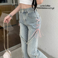 Jeans Women Harajuku Pink Bandage High Waist Denim Pants Casual Streetwear