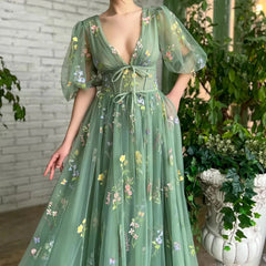 Evening wear Dresses: Green Fairy Lace Prom Party Dresses