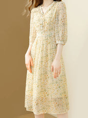 Elegant Floral Printing Women Chiffon Dress V-Neck Casual Office A-line