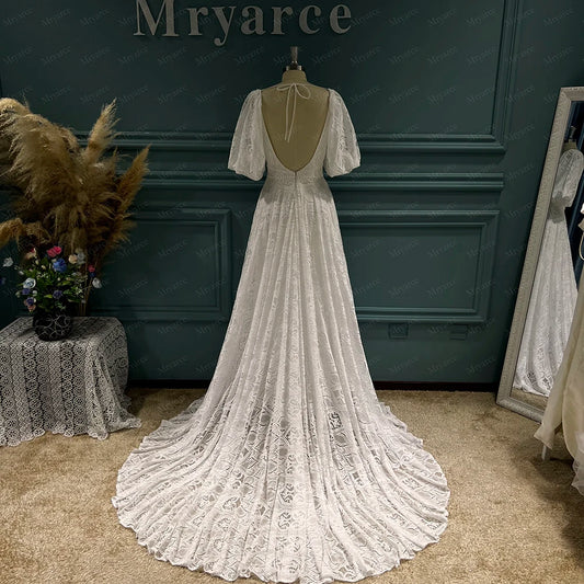 White Bridesmaid Dresses: Plunging Neck Open Back Lace Wedding Dress Bridal Gowns