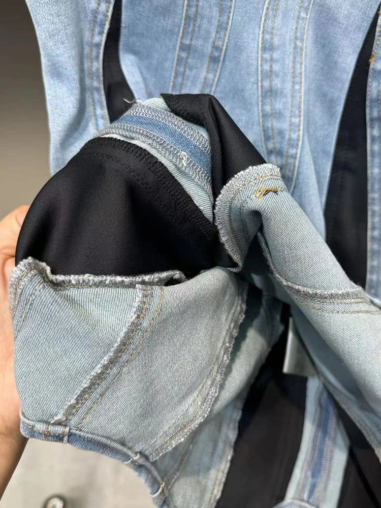 Women's Denim Dress Slim Stretch Patchwork Design Contrast