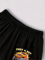 Two-Piece Boy Fashion Short Sleeve Suit, Red Car Print Top With Black Car Print Pants, Casual Trend