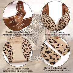 Women Leopard Print V-neck Bra Briefs Set Seamless Underwear