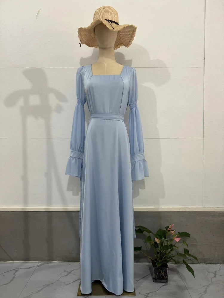Formal attire Dresses: Elegant Satin Dresses Ladies Puff Sleeve Square Neck Long Skirt