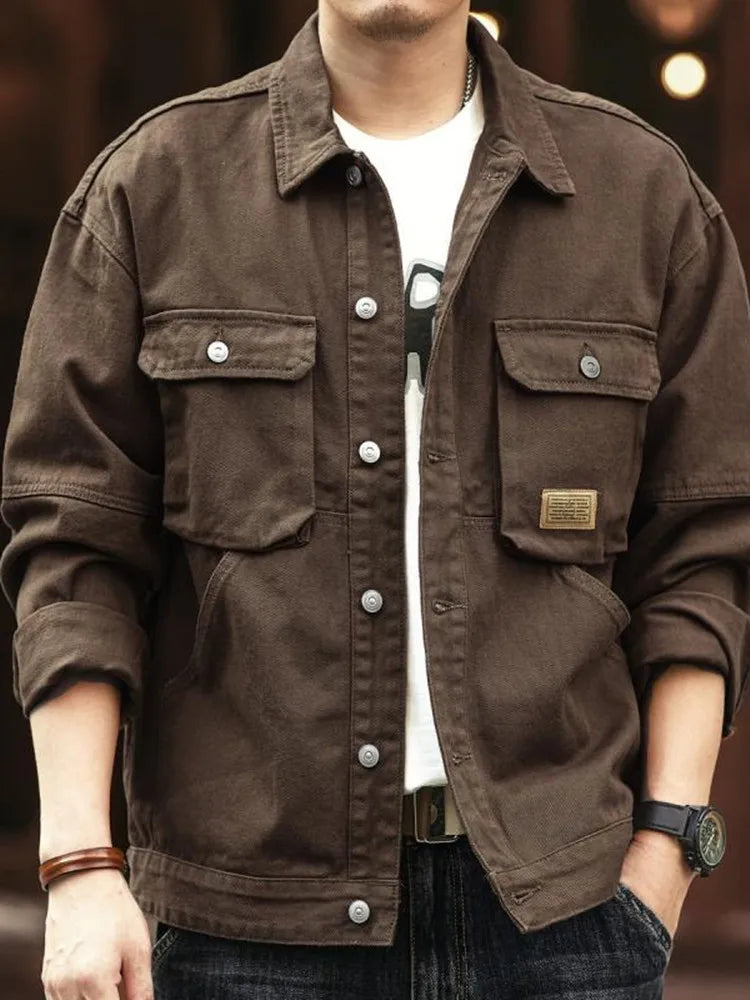 Spring and Autumn New Fashion Solid Color Retro Cargo Jacket Men's Casual Coat