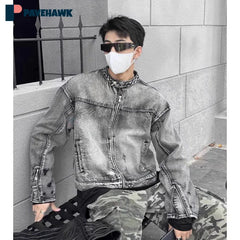 American Retro Industry Short Denim Jacket Men Loose Washed Wear Zipper Racing Coats