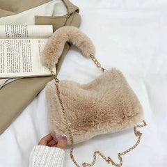 Winter Plush Tote Handbag Versatile Fluffy Shoulder Bag Soft Cute Chain Crossbody Bag