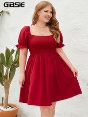 Plus Size Square Neck Shirred Puff Sleeve Dress Women