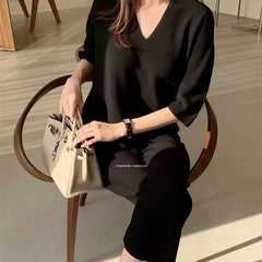Solid Color Loose Knitted 2 Piece Sets Womens Spring Summer V-neck Half Sleeve