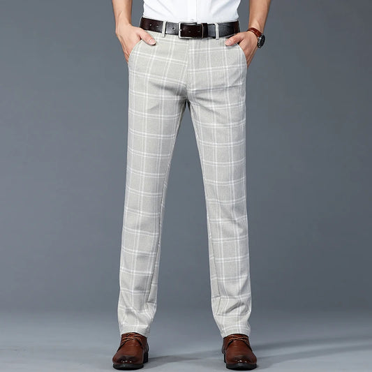 Plaid Work Stretch Pants Men Business Fashion Straight Grey Blue Casual Pant Male
