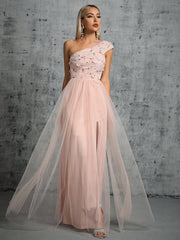 Homecoming Dresses: One shoulder pleated embroidery slit A set of gauze evening