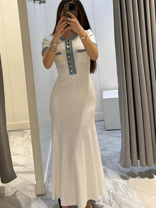 Women's Metal Button Patchwork Denim Knit Long Dresses