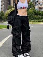 Y2K Parachute Black Pants Women Hippie Streetwear Oversize Pockets Cargo Trousers