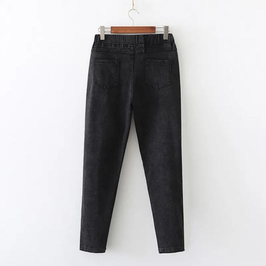 Autumn Clothes Women Jeans Plus Size Slim Two Buttons High Waist Pencil Pants