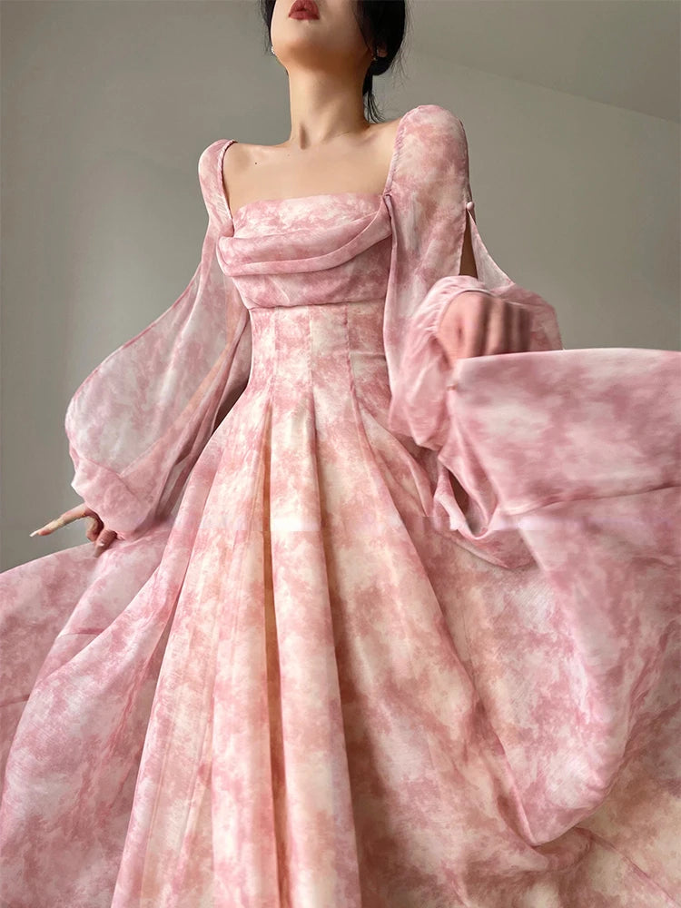 Evening Dresses: Pink Floral Dress Woman Long Sleeve Chiffon Casual Midi Dress