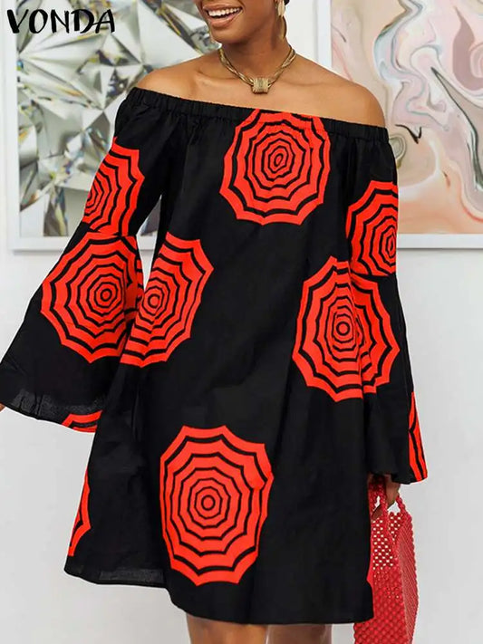 Plus Size Women Off Shoulder Dress Summer Bohemian Floral Printed Mini Vestidos
