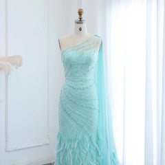Homecoming Dresses: Turquoise Aqua One Shoulder Mermaid Evening Dress