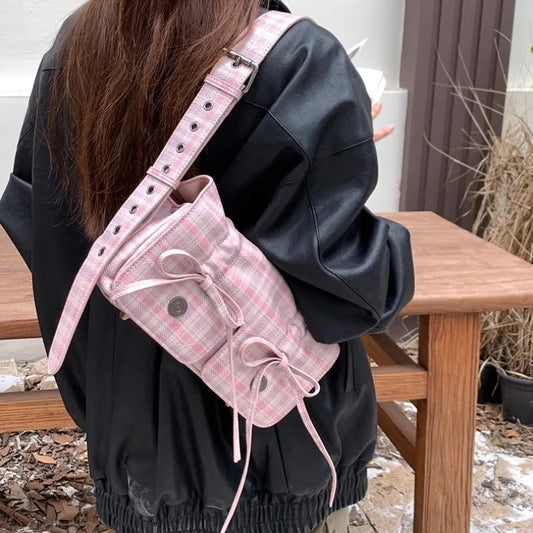 Plaid Pink Womens Shoulder Bag Pleated Casual Sweet Cute Fashion