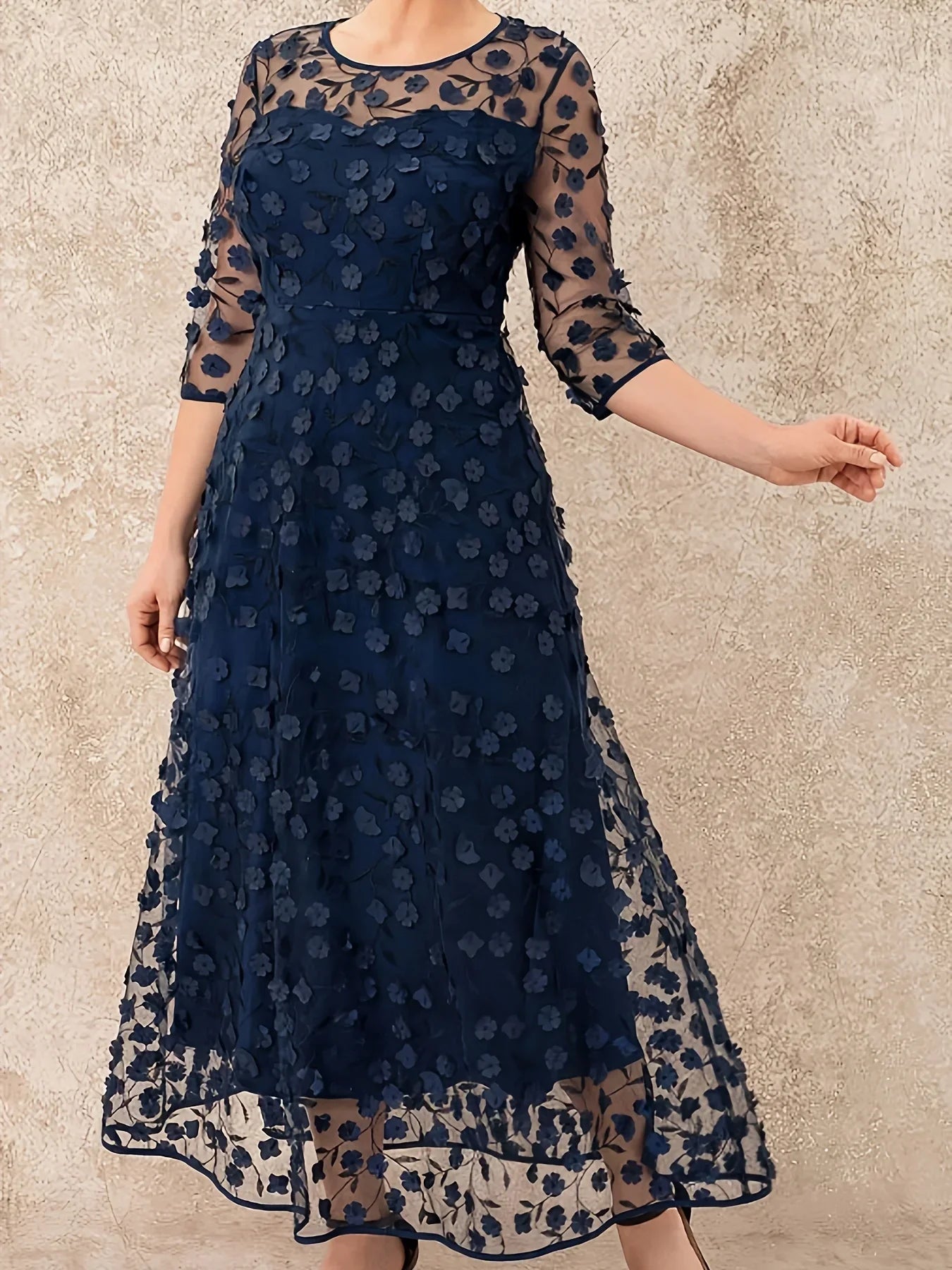 Plus Size Long Dress Embroidery Large Swing Mesh 3D Flower Dress Ladies Elegant