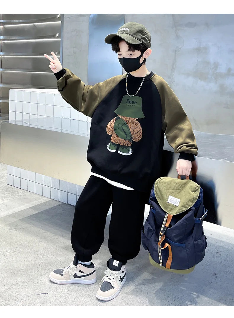 Spring Autumn Boys Patchwork Cartoon Sweatshirt+Sweatpant Workout Set School Kids 2PCS Tracksuit Children Jogging Outfit 5-16 Yr